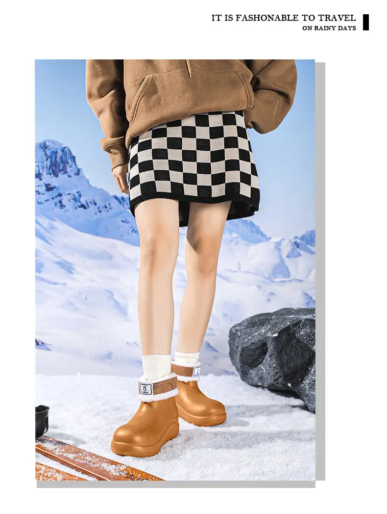 New cross-border women's all-match mid-barrel rain boots waterproof thick-soled rain shoes simple fleece-lined warm non-slip shoes work shoes — feature 20