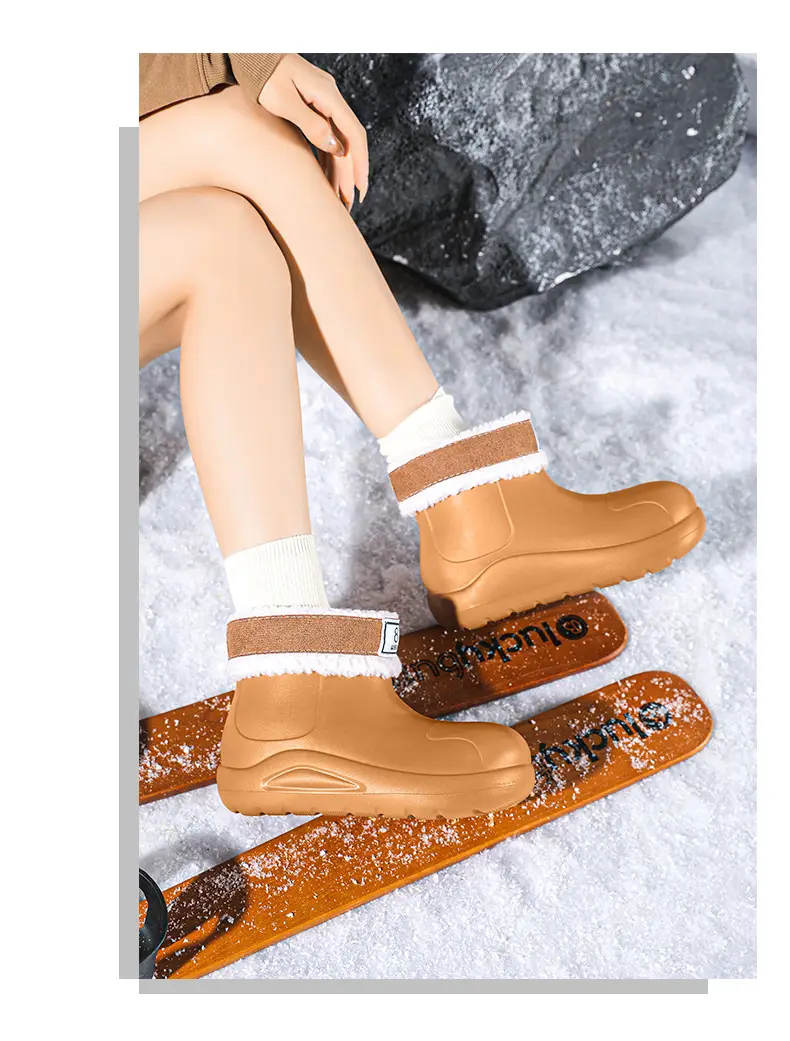 New cross-border women's all-match mid-barrel rain boots waterproof thick-soled rain shoes simple fleece-lined warm non-slip shoes work shoes — feature 21