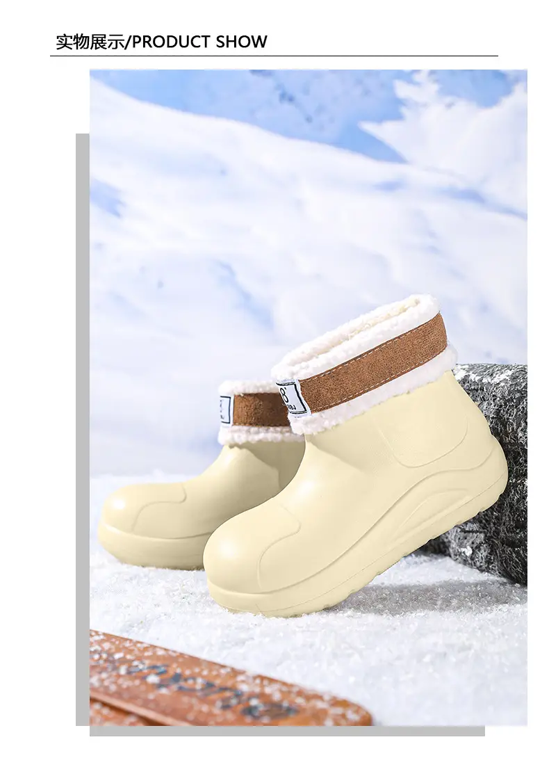 New cross-border women's all-match mid-barrel rain boots waterproof thick-soled rain shoes simple fleece-lined warm non-slip shoes work shoes — feature 23