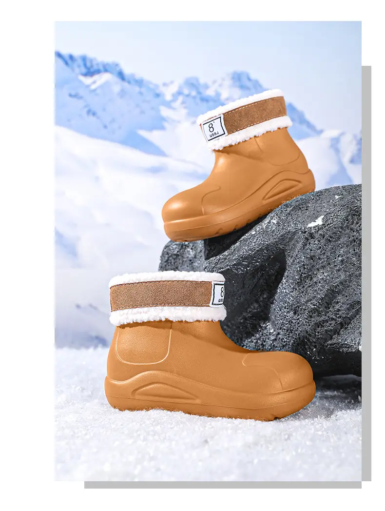 New cross-border women's all-match mid-barrel rain boots waterproof thick-soled rain shoes simple fleece-lined warm non-slip shoes work shoes — feature 29