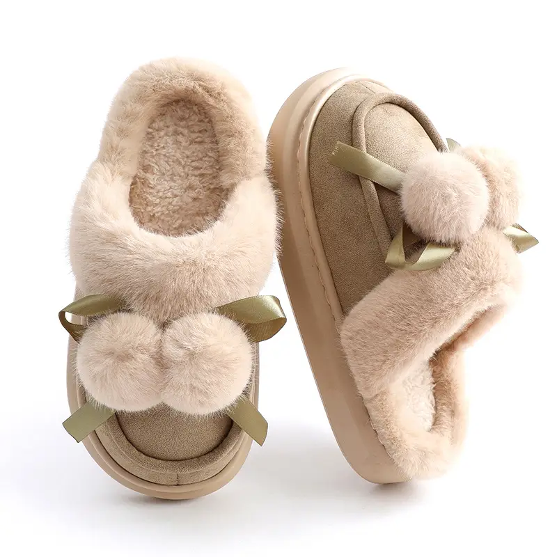 Cotton Slippers Women's Autumn and Winter Cute Fur Ball Indoor Home and Household fleece-lined Mao Mao Warm Thick Slippers for Men Couple