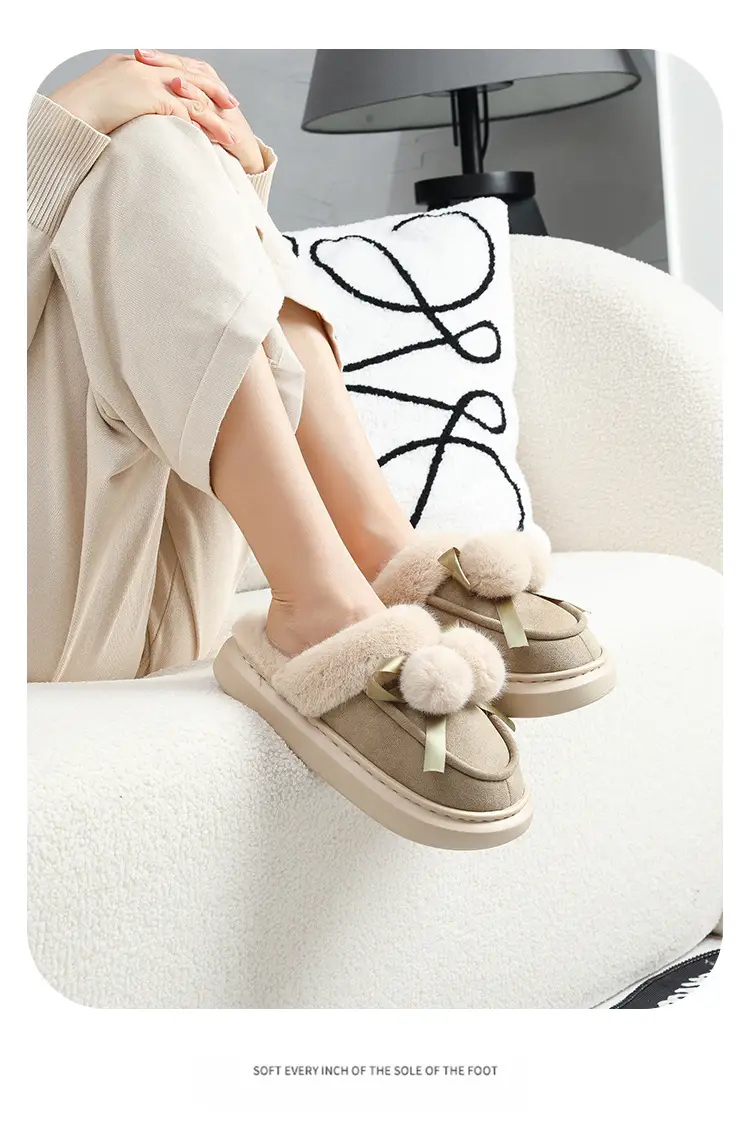 Cotton Slippers Women's Autumn and Winter Cute Fur Ball Indoor Home and Household fleece-lined Mao Mao Warm Thick Slippers for Men Couple — feature 11