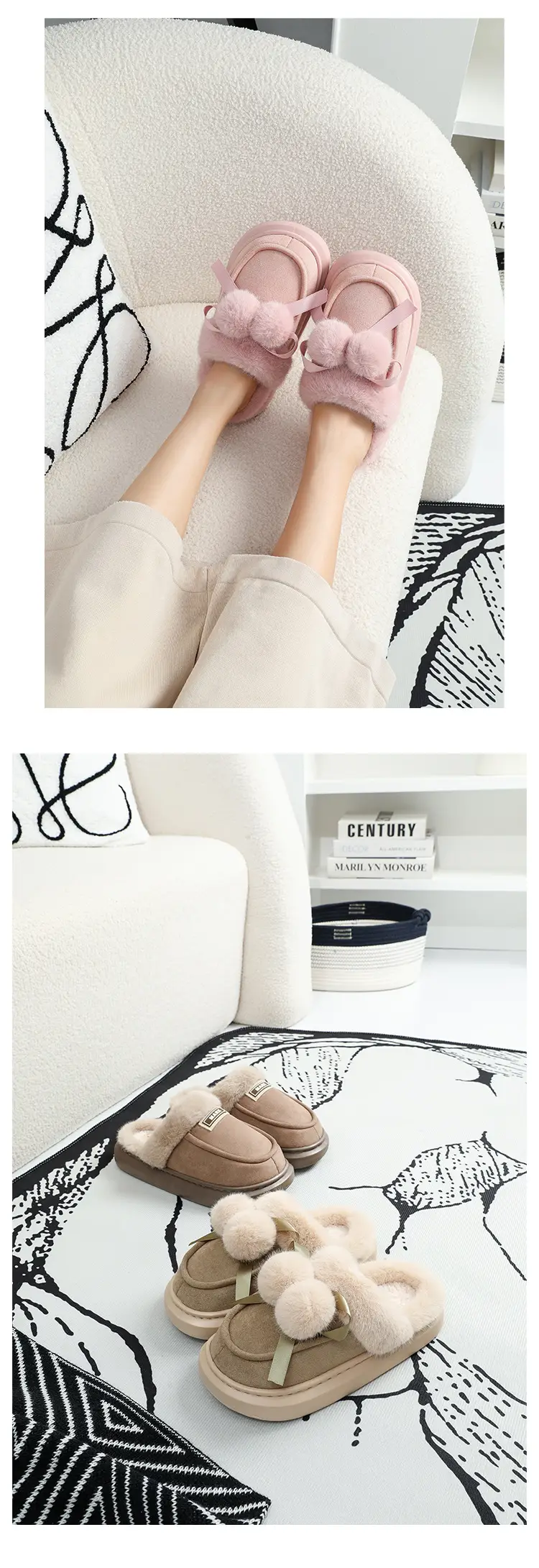 Cotton Slippers Women's Autumn and Winter Cute Fur Ball Indoor Home and Household fleece-lined Mao Mao Warm Thick Slippers for Men Couple — feature 14