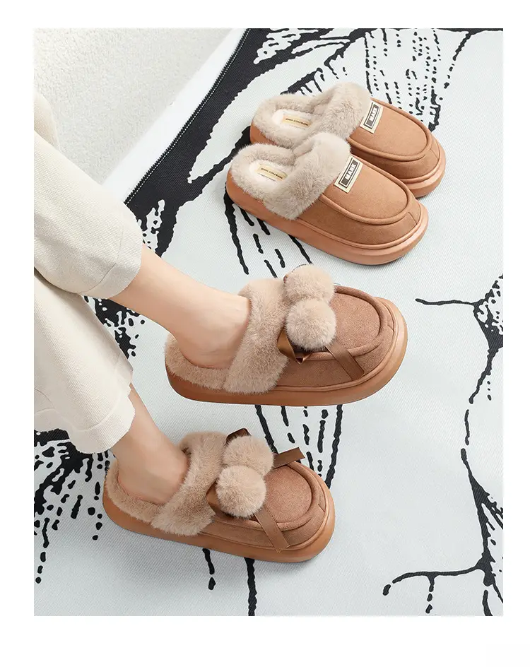 Cotton Slippers Women's Autumn and Winter Cute Fur Ball Indoor Home and Household fleece-lined Mao Mao Warm Thick Slippers for Men Couple — feature 5