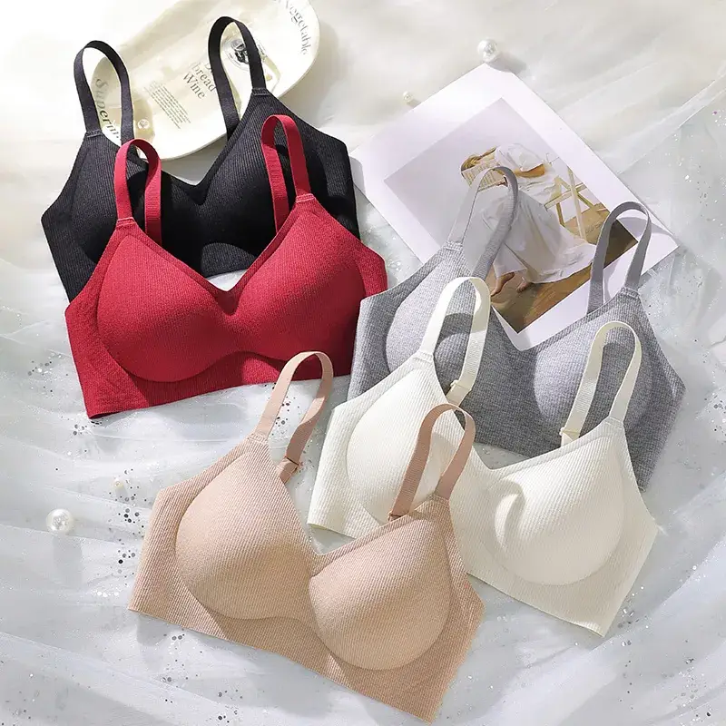 Women's White Ribbed Cup Bra Seamless Steel Ring Free - Image 8