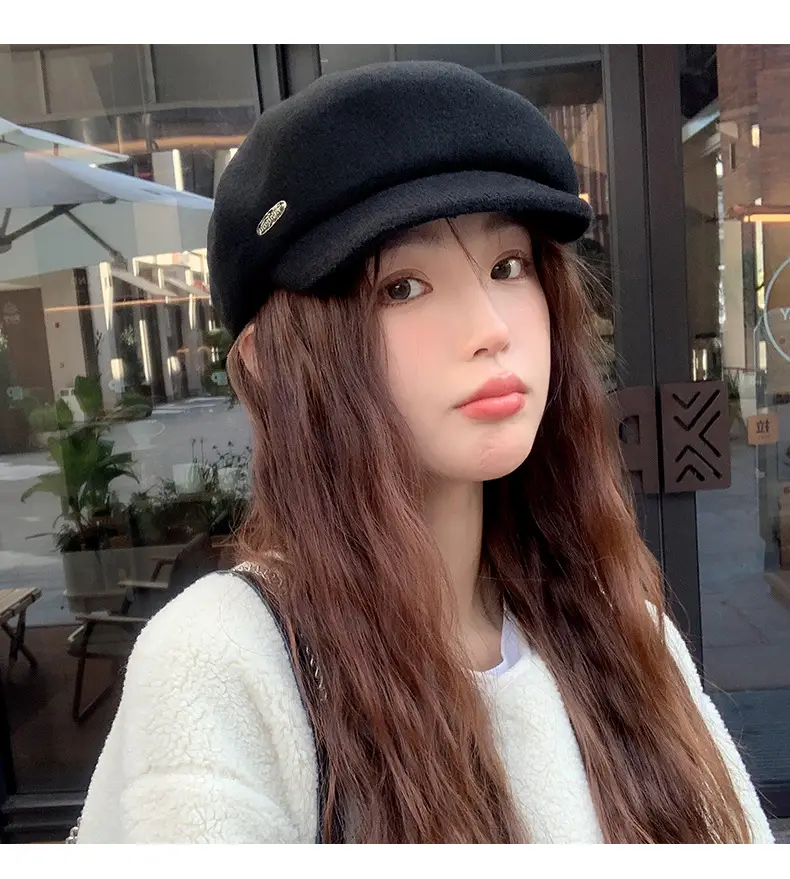 Women Wool Beret Sun Hat Black Winter Casual — feature 12