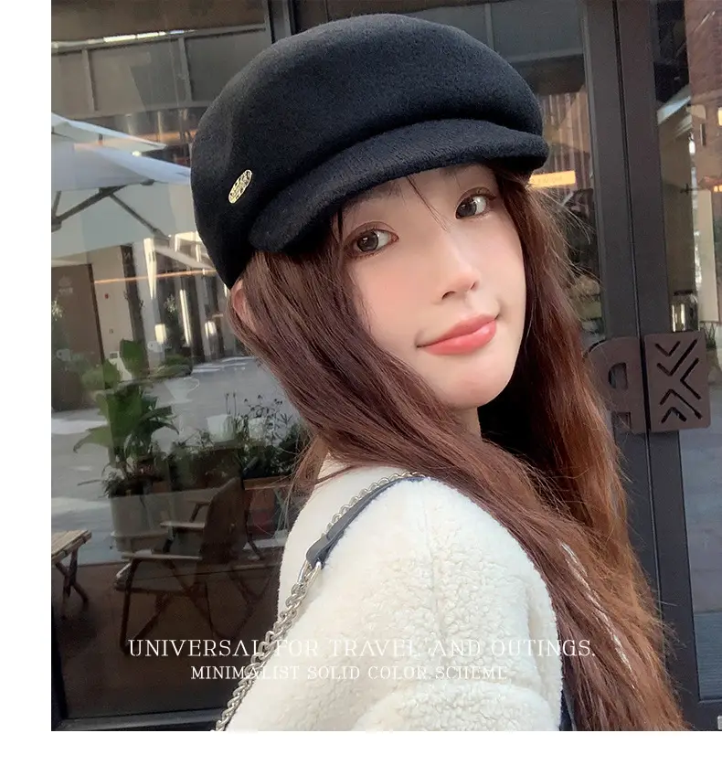 Women Wool Beret Sun Hat Black Winter Casual — feature 13
