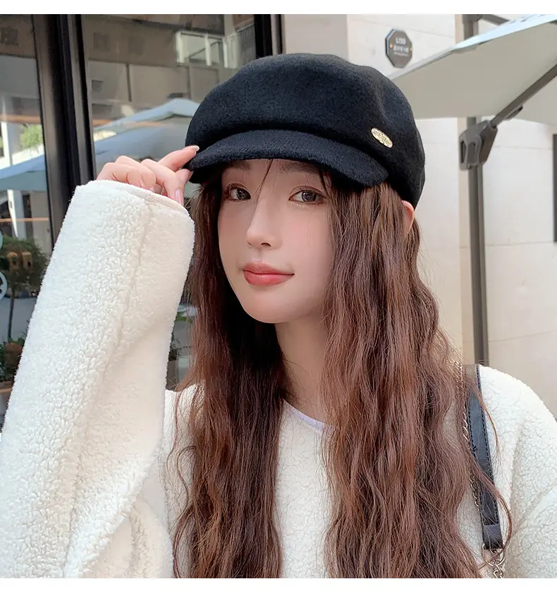Women Wool Beret Sun Hat Black Winter Casual — feature 14