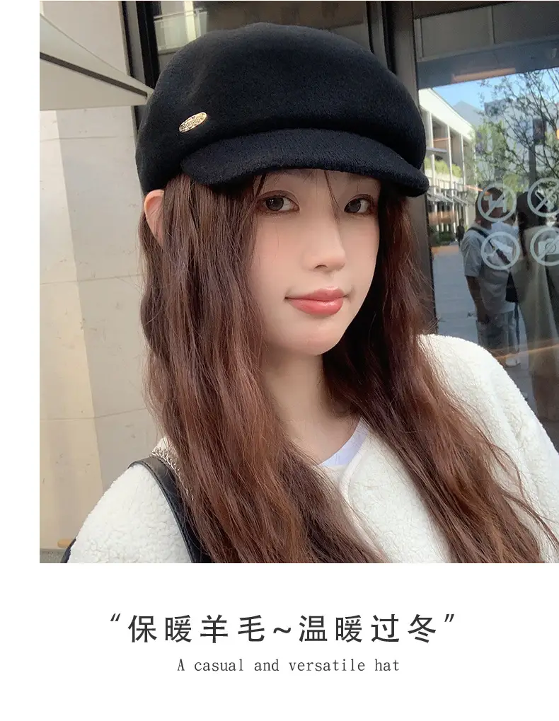 Women Wool Beret Sun Hat Black Winter Casual — feature 3