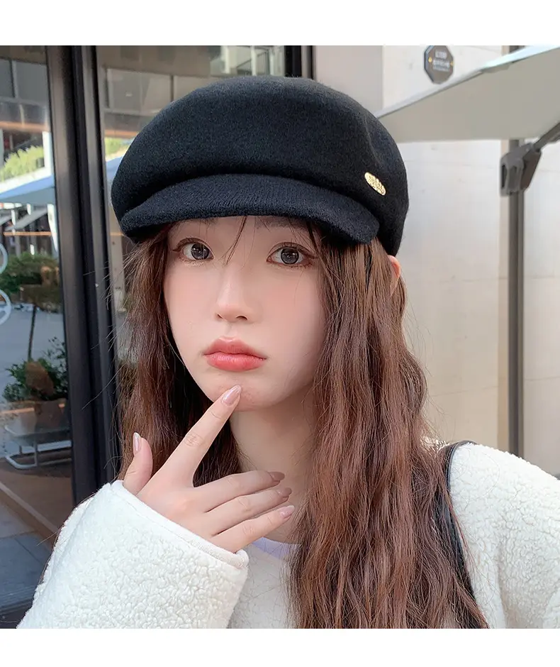Women Wool Beret Sun Hat Black Winter Casual — feature 4