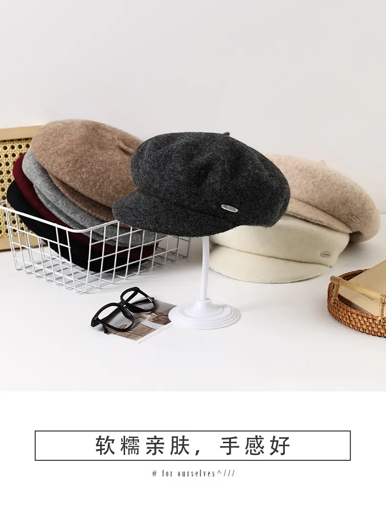 Women Wool Beret Sun Hat Black Winter Casual — feature 5