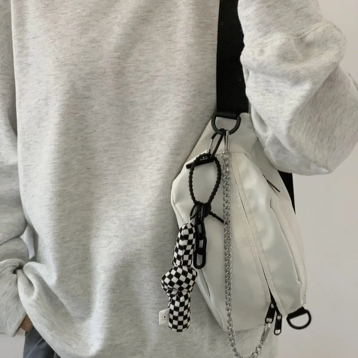 Black Korean Style Crossbody Bag with Chain Detail