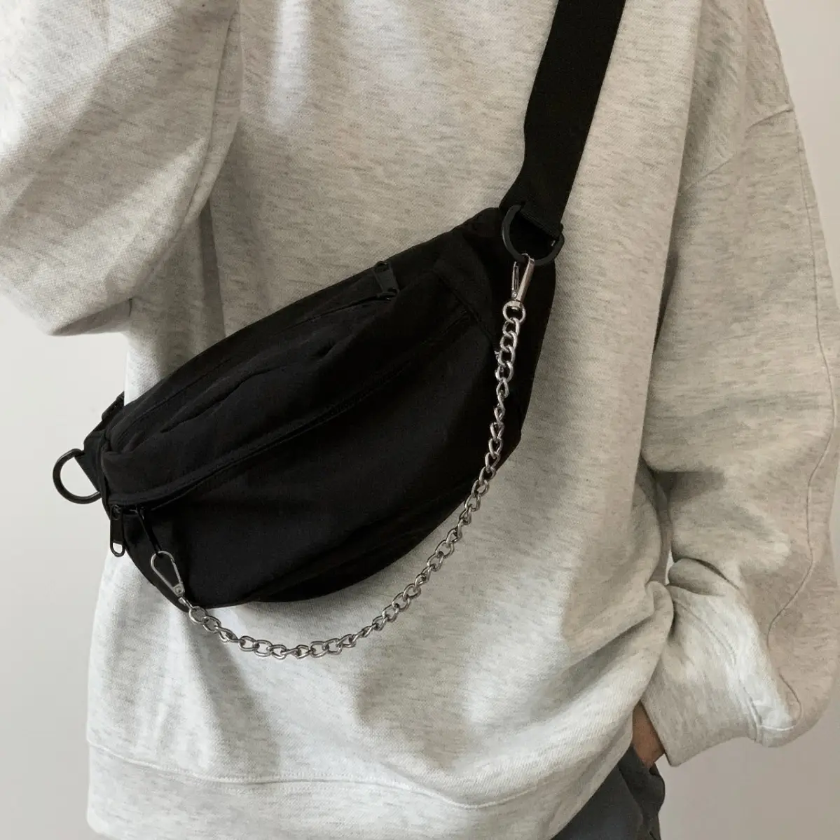 Black Korean Style Crossbody Bag with Chain Detail