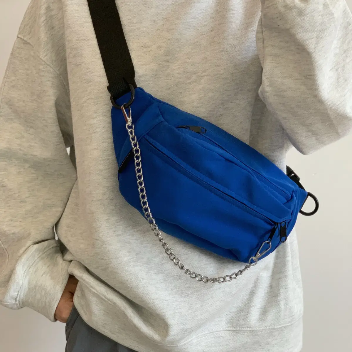 Black Korean Style Crossbody Bag with Chain Detail