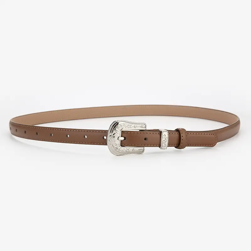 Brown Leather Belt with Gold Buckle for Women - Image 2