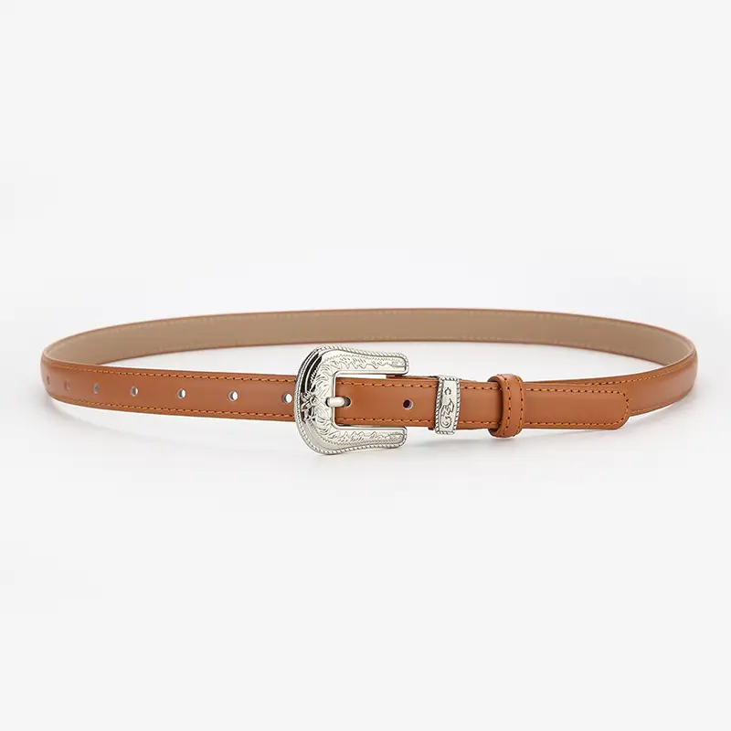 Brown Leather Belt with Gold Buckle for Women - Image 3
