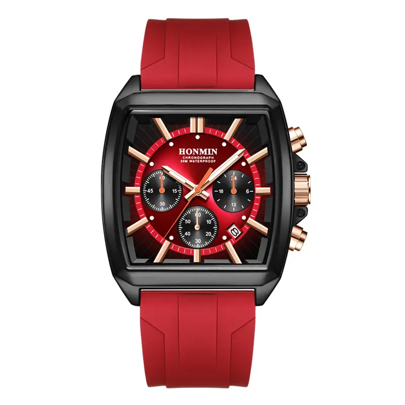 Men's Red Strap Chronograph Watch with 6-Panel Display - Image 4
