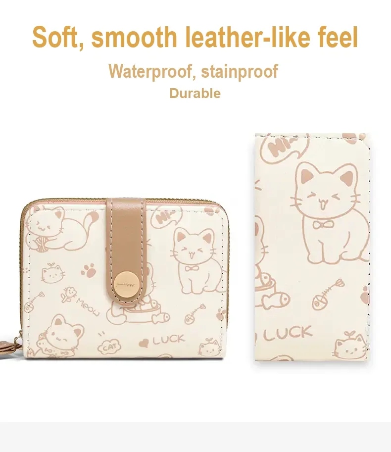 Cream cat-print wallet shown front and side; Chinese text describes surface texture and water resistance.