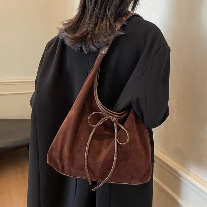 Women's Suede Shoulder Bag Brown Large Capacity - Image 7