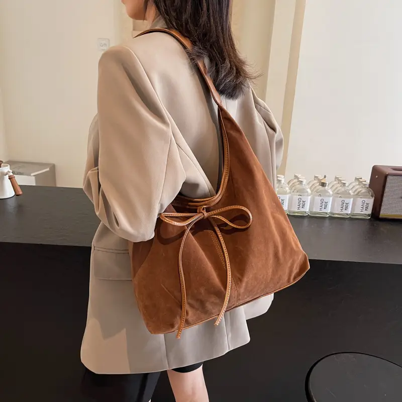 Women's Suede Shoulder Bag Brown Large Capacity - Image 3