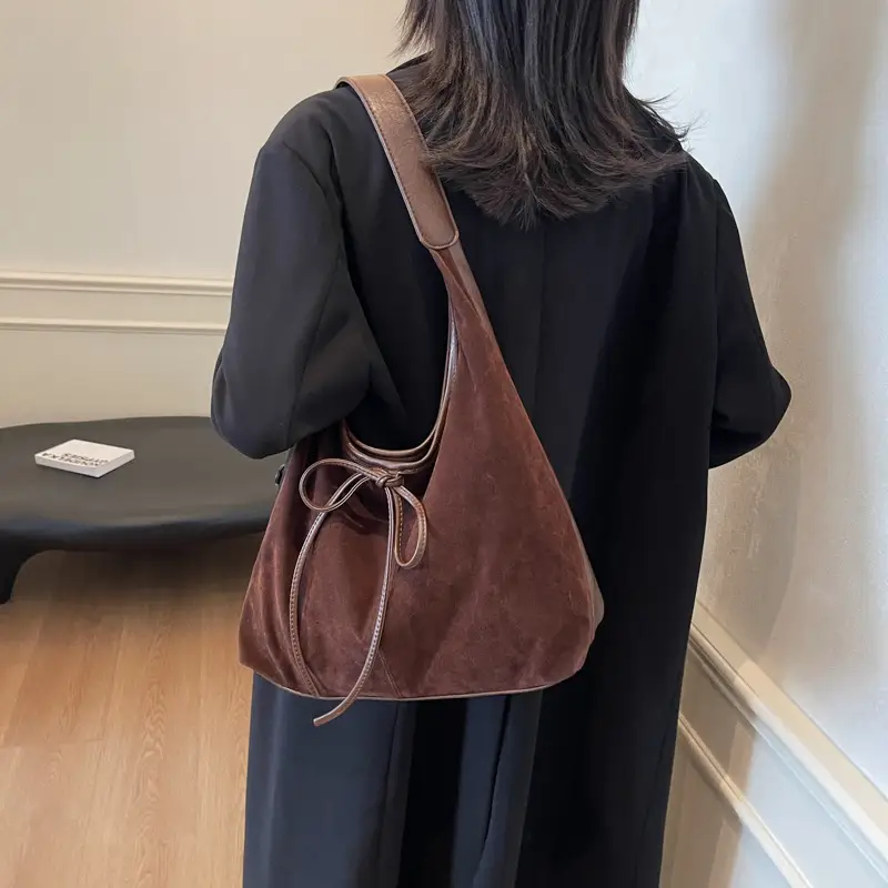 Women's Suede Shoulder Bag Brown Large Capacity - Image 4