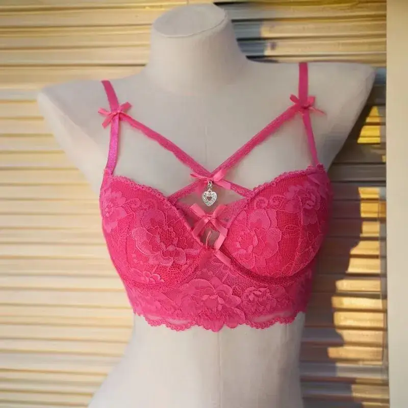 Pink Lace Push-Up Bra Set with Heart Pendant - Image 9