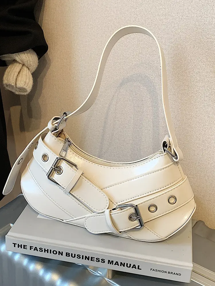 Women's White Leather Shoulder Bag with Buckle Strap