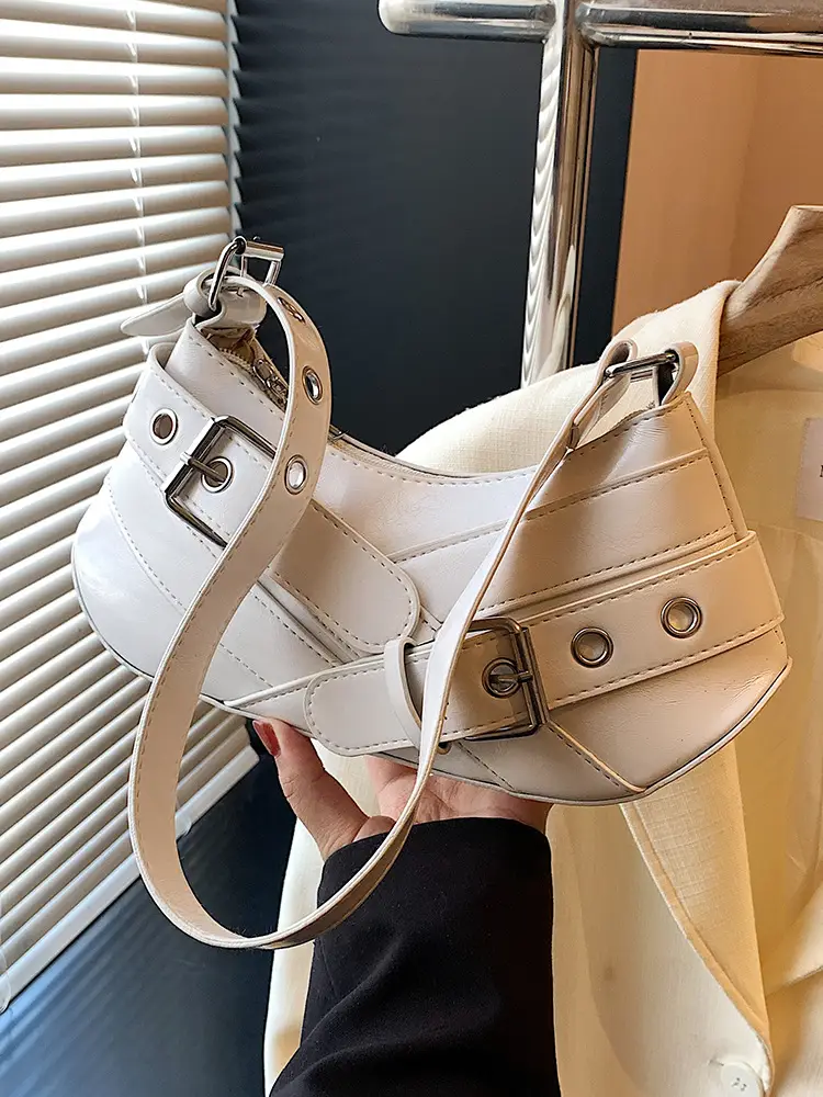 Women's White Leather Shoulder Bag with Buckle Strap