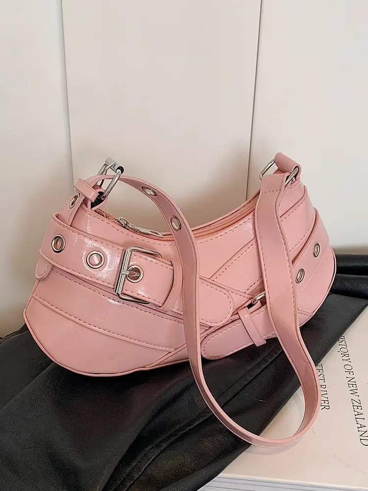 Women's White Leather Shoulder Bag with Buckle Strap