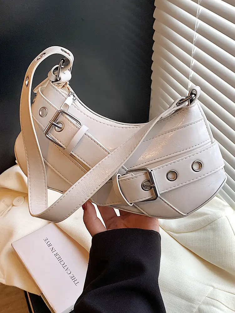 Women's White Leather Shoulder Bag with Buckle Strap