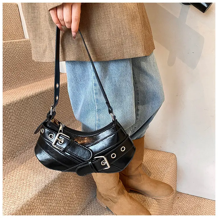 Women's White Leather Shoulder Bag with Buckle Strap — feature 11