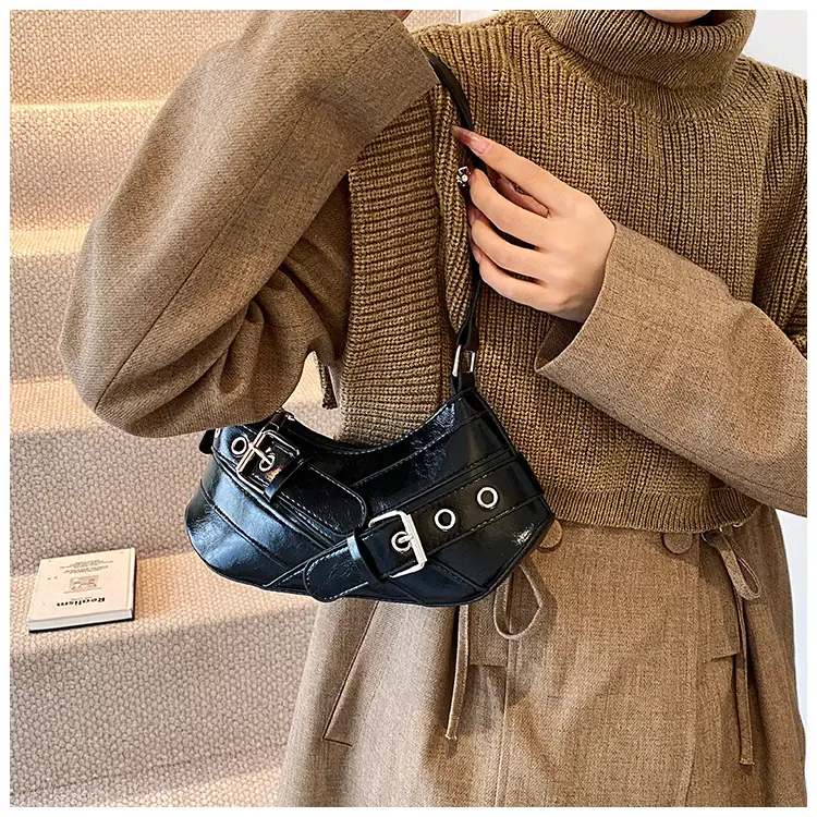 Women's White Leather Shoulder Bag with Buckle Strap — feature 13