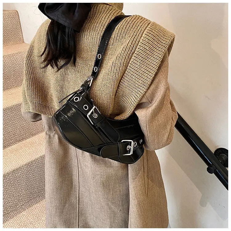 Women's White Leather Shoulder Bag with Buckle Strap — feature 14