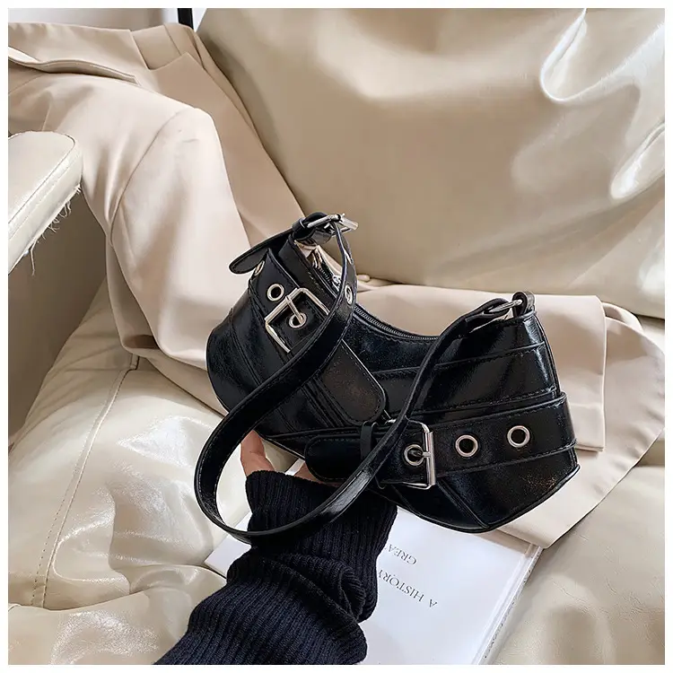 Women's White Leather Shoulder Bag with Buckle Strap — feature 18