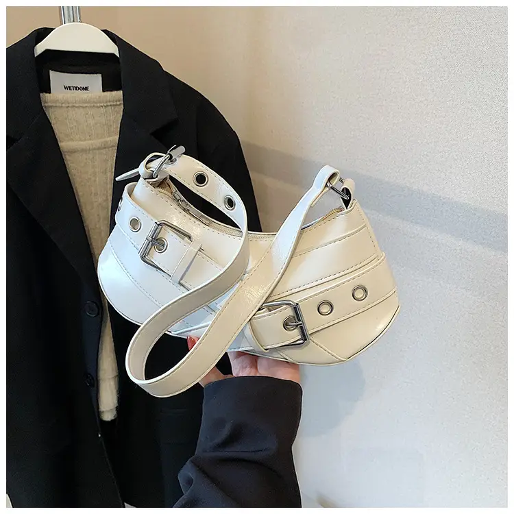 Women's White Leather Shoulder Bag with Buckle Strap — feature 23