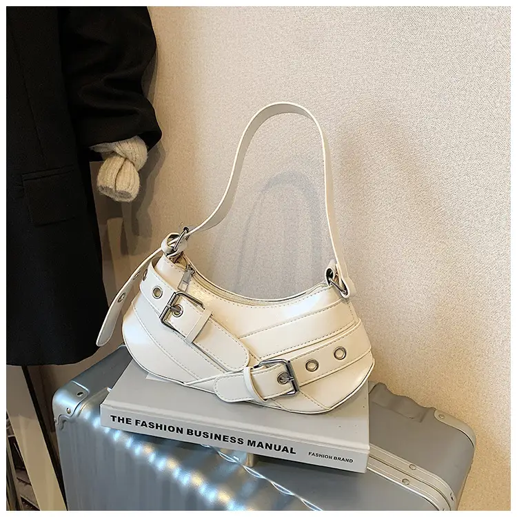 Women's White Leather Shoulder Bag with Buckle Strap — feature 24