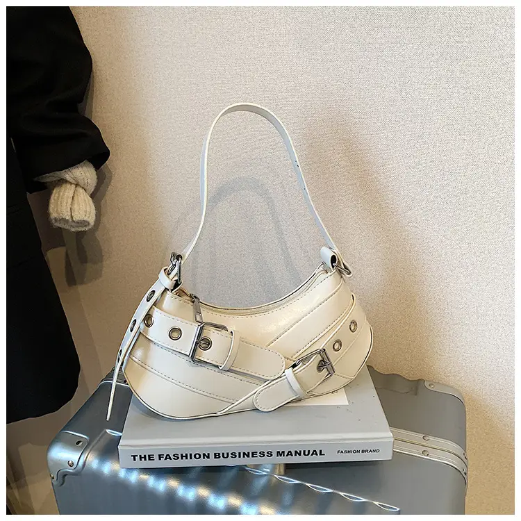 Women's White Leather Shoulder Bag with Buckle Strap — feature 25