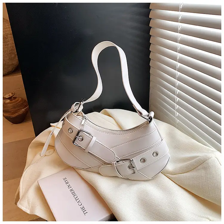 Women's White Leather Shoulder Bag with Buckle Strap — feature 26