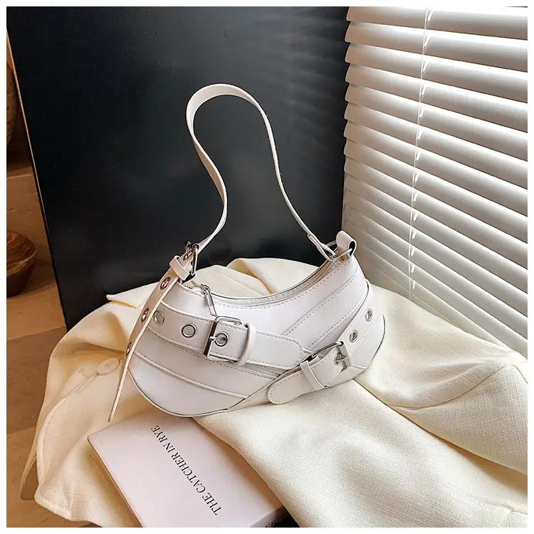 Women's White Leather Shoulder Bag with Buckle Strap — feature 27