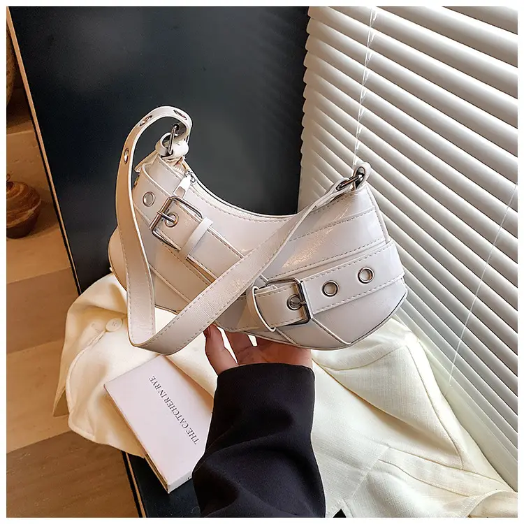 Women's White Leather Shoulder Bag with Buckle Strap — feature 28