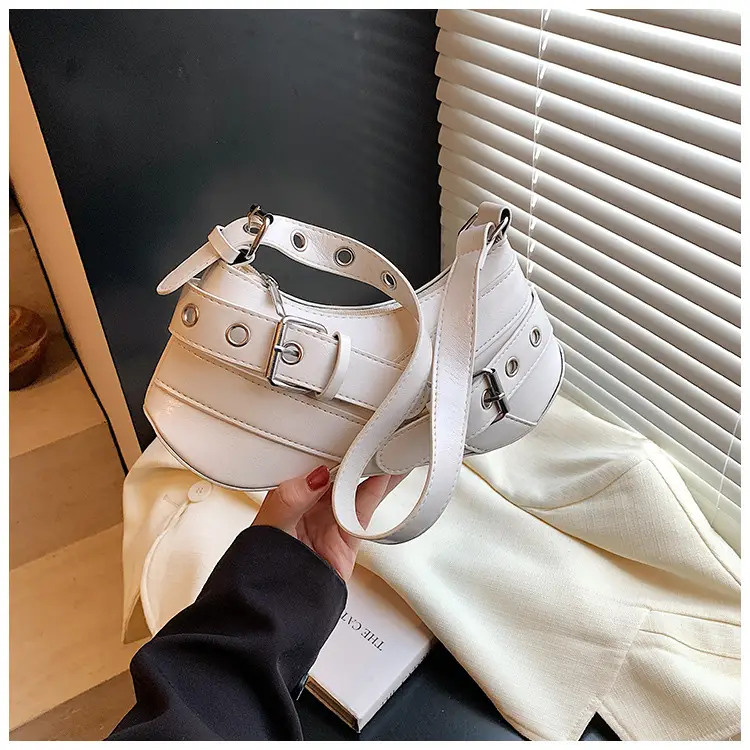 Women's White Leather Shoulder Bag with Buckle Strap — feature 34