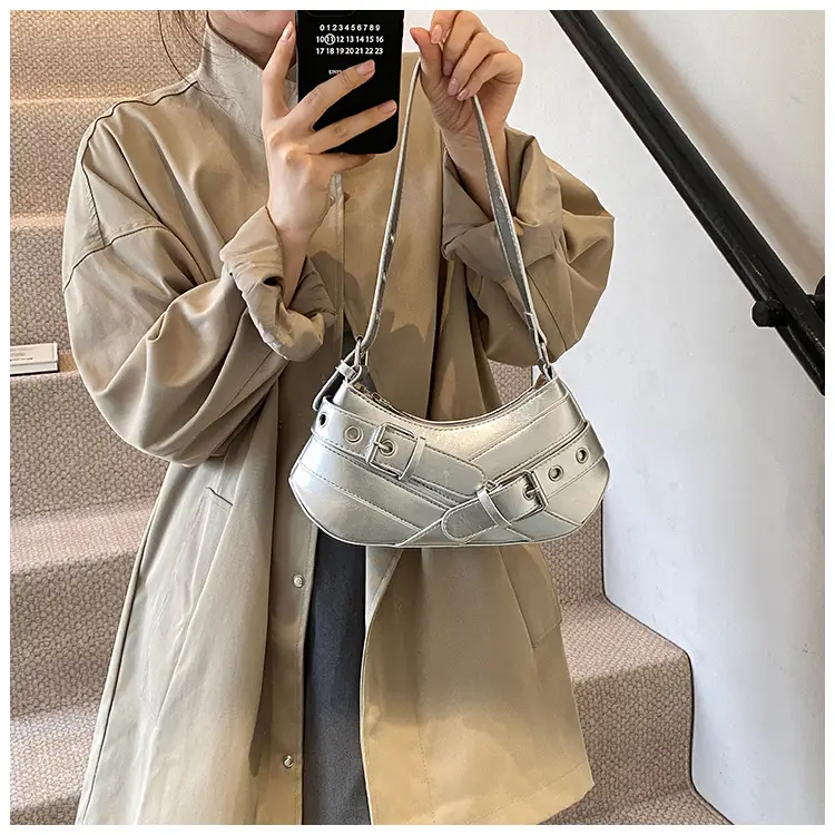 Women's White Leather Shoulder Bag with Buckle Strap — feature 6