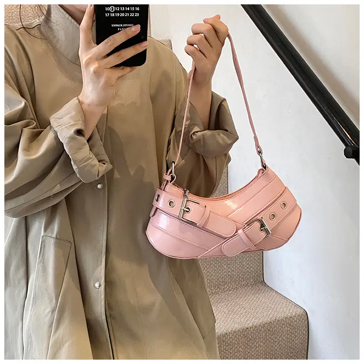 Women's White Leather Shoulder Bag with Buckle Strap — feature 7