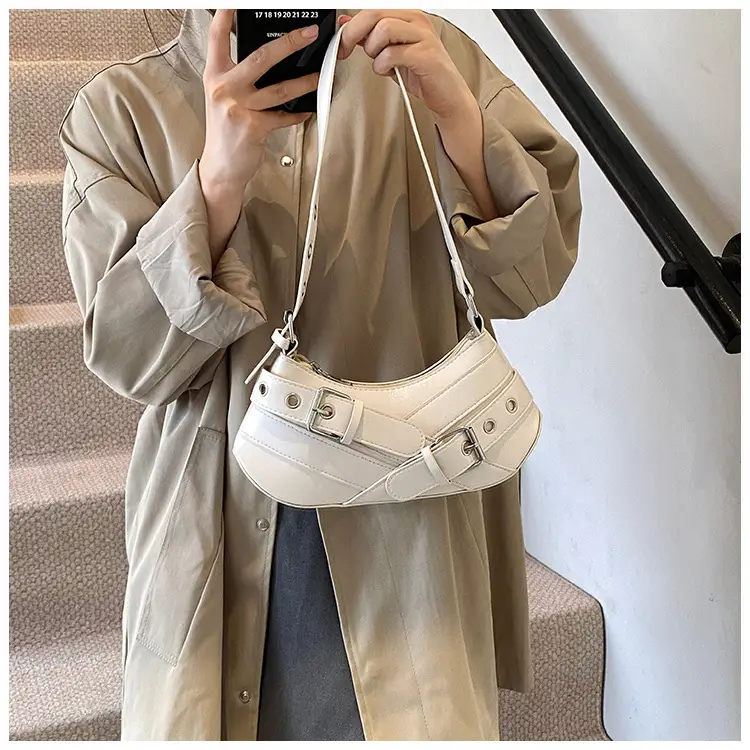 Women's White Leather Shoulder Bag with Buckle Strap — feature 8