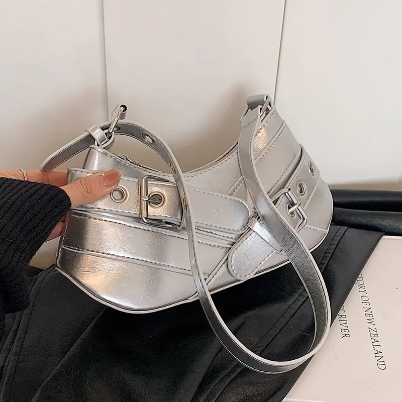 Women's White Leather Shoulder Bag with Buckle Strap