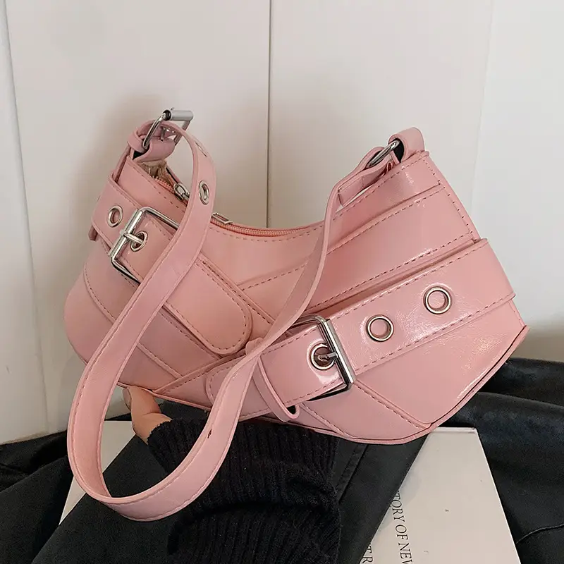Women's White Leather Shoulder Bag with Buckle Strap