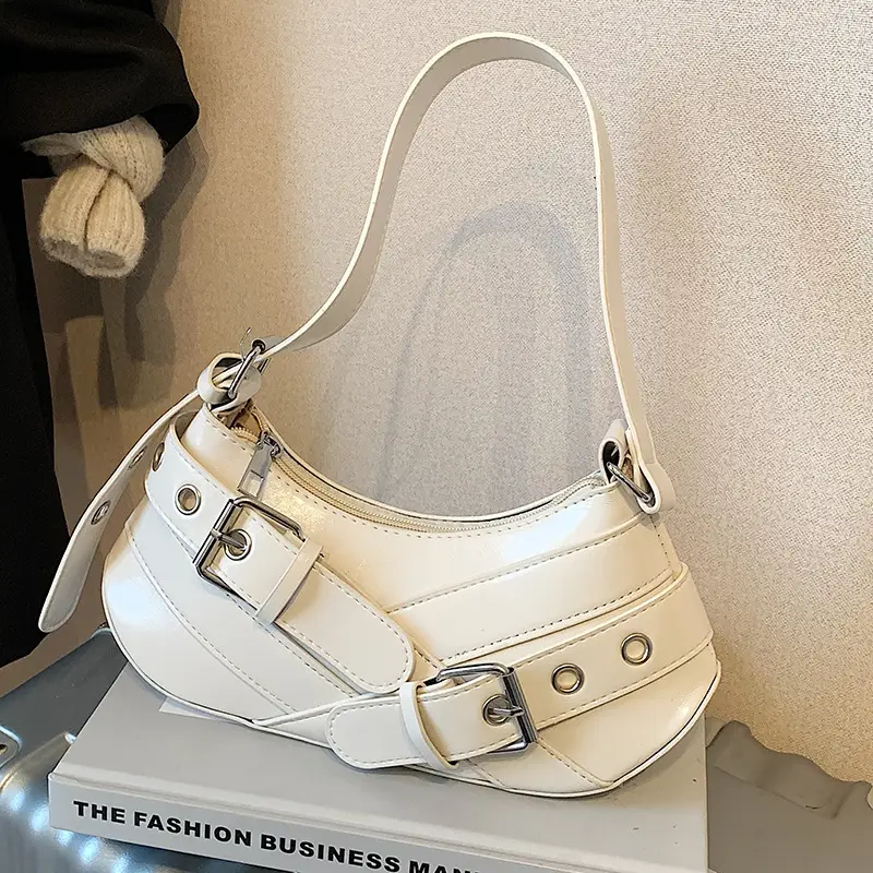 Women's White Leather Shoulder Bag with Buckle Strap