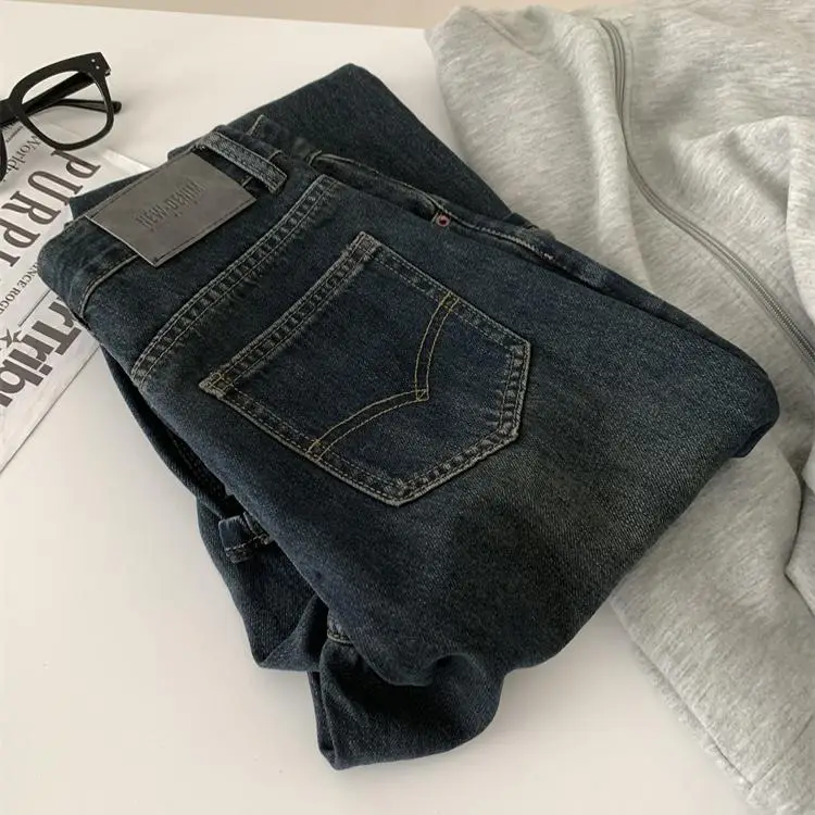 Women Dark Blue Old High Waist Jeans 2024 Spring