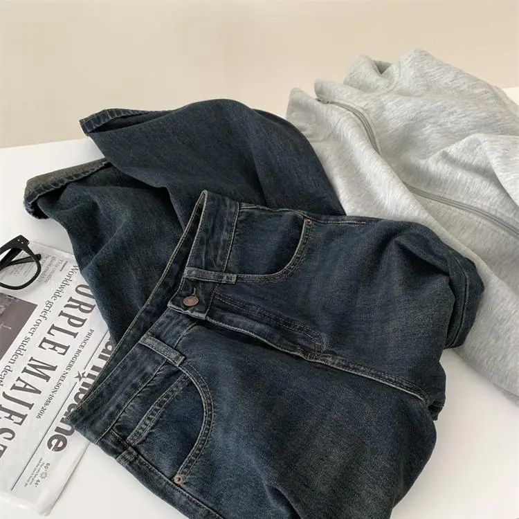 Women Dark Blue Old High Waist Jeans 2024 Spring
