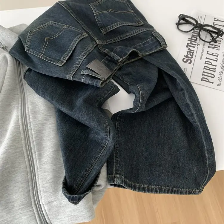 Women Dark Blue Old High Waist Jeans 2024 Spring